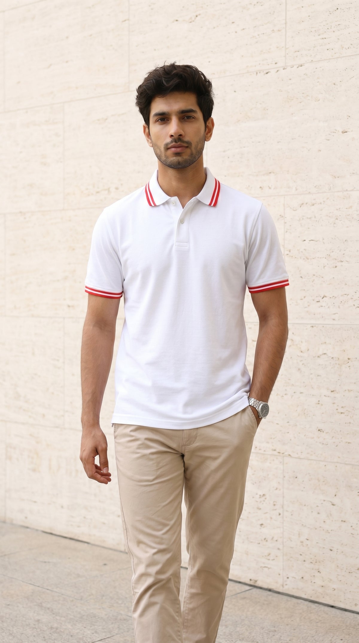 White Polo Tee with Red Stripe Detail-7