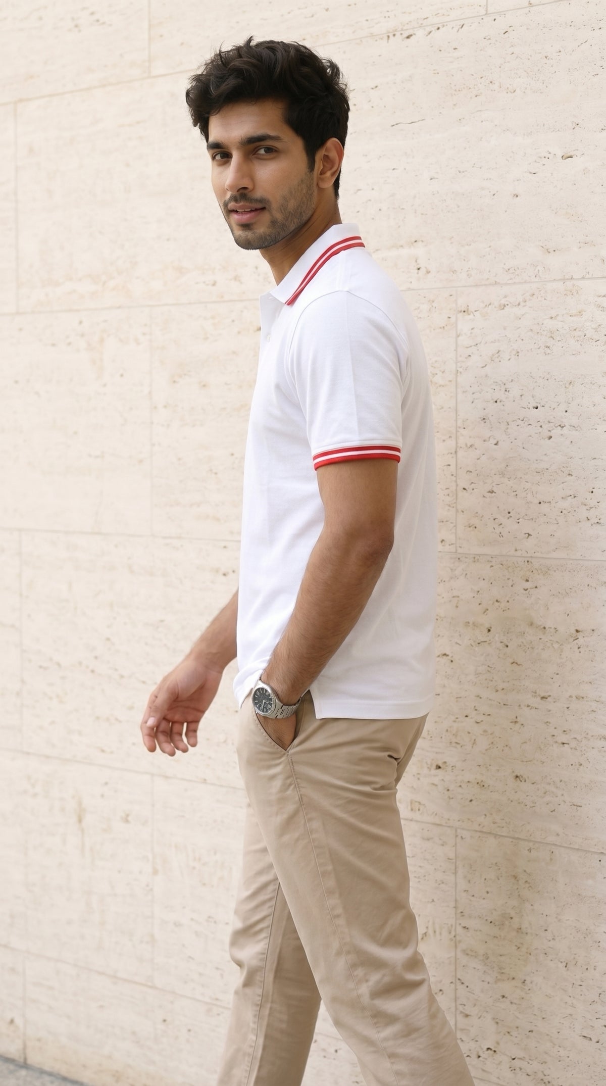 White Polo Tee with Red Stripe Detail-9