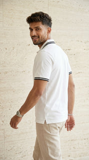 White Polo Tee with Black Stripe Detail