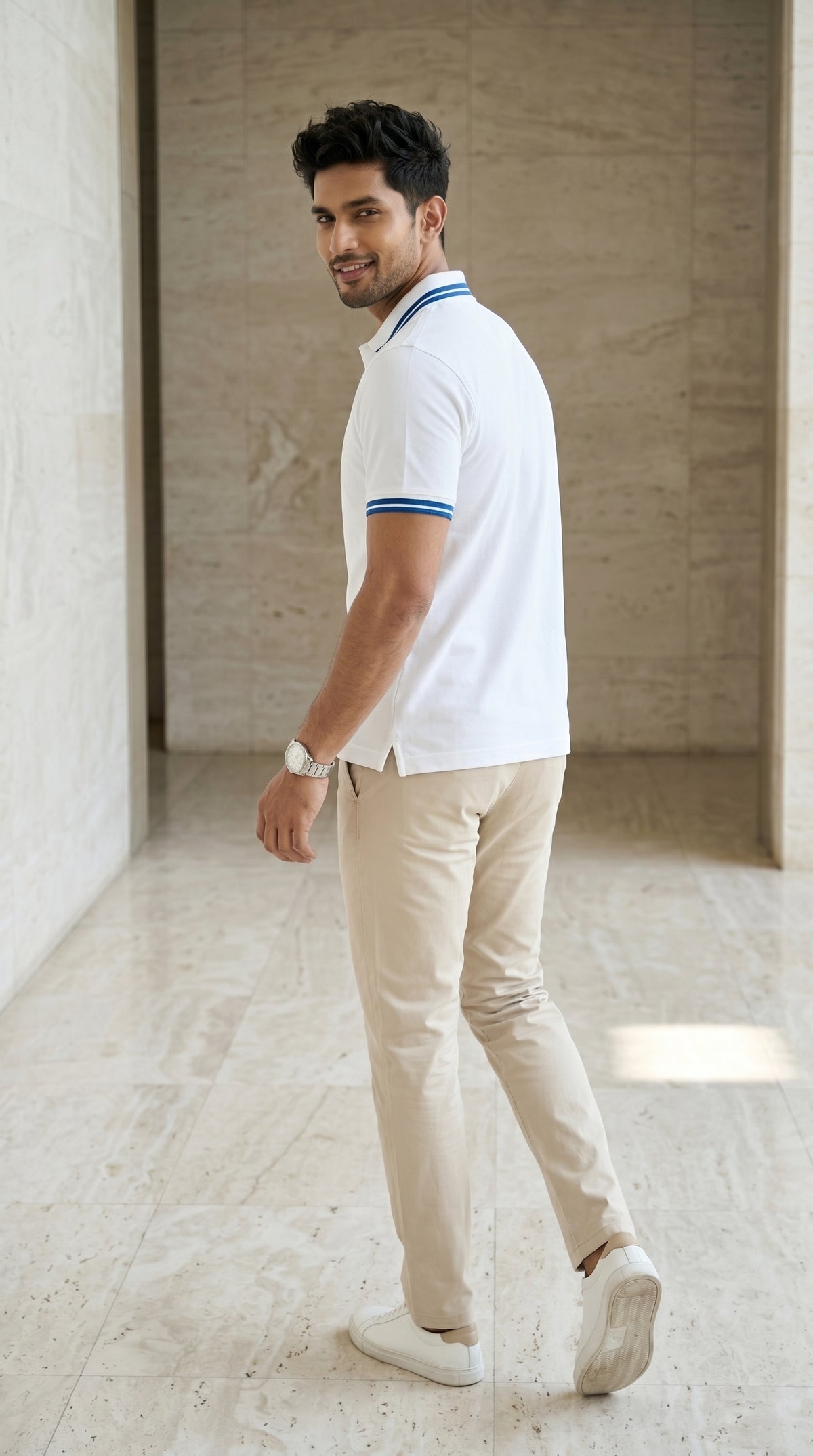 White Polo Tee with Blue Stripe Detail-5