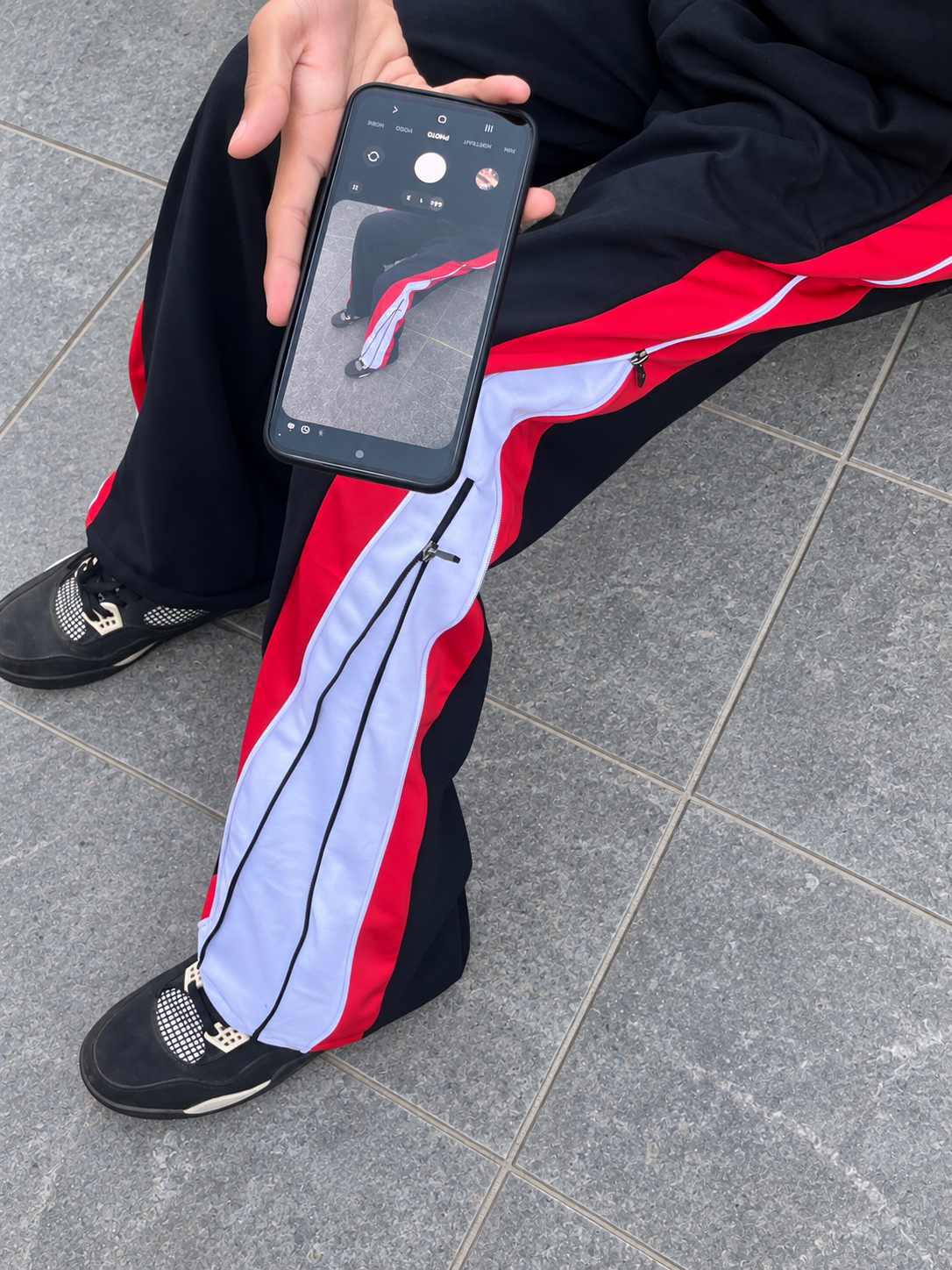 Crimson Split Zip Track Pants – Black with Red/White Panel
