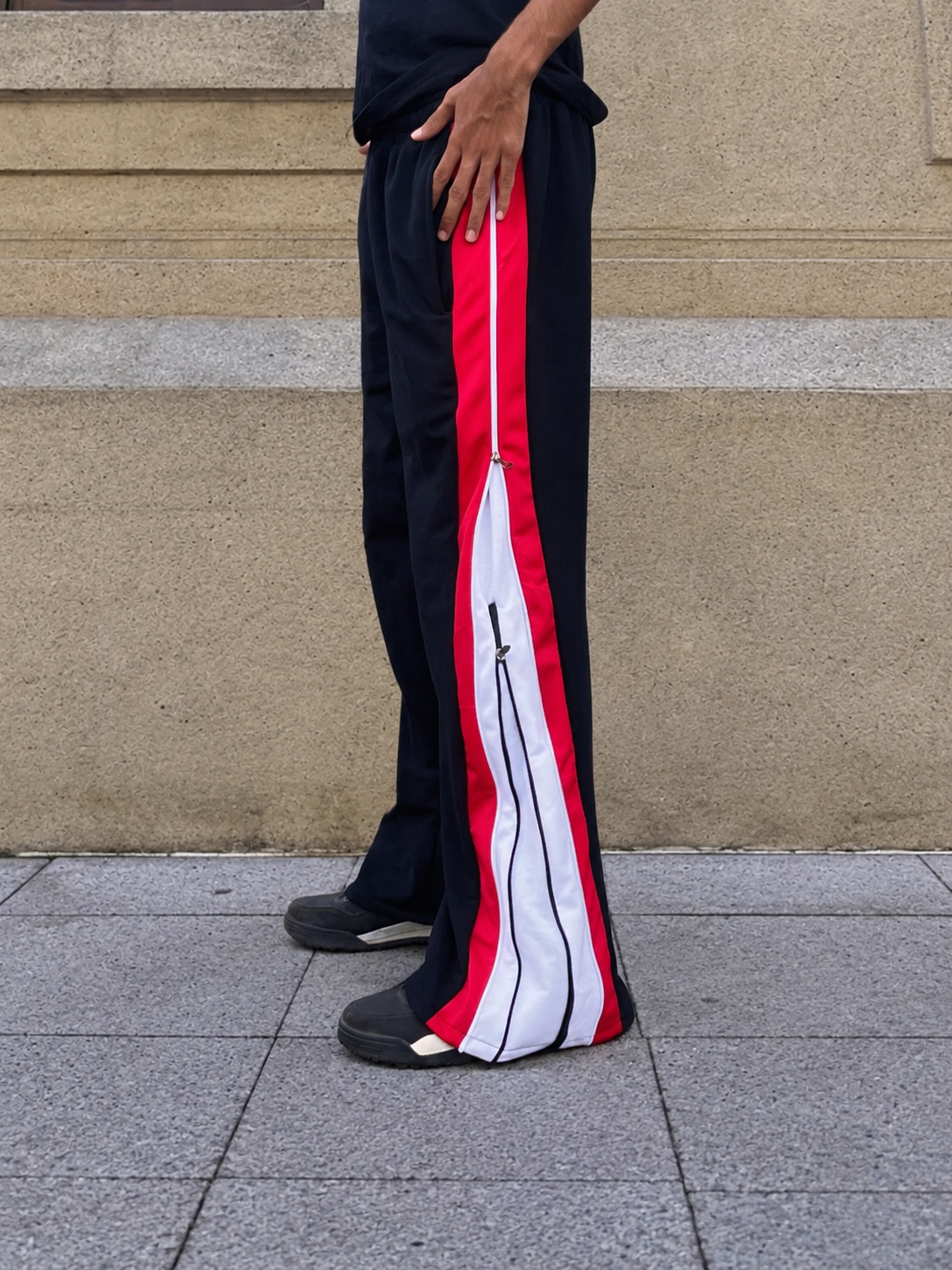 Crimson Split Zip Track Pants – Black with Red/White Panel-4