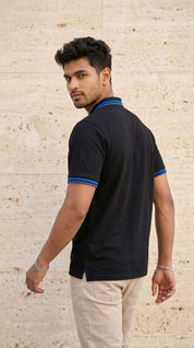 Black Polo Tee with Midnight Blue Stripe Detail