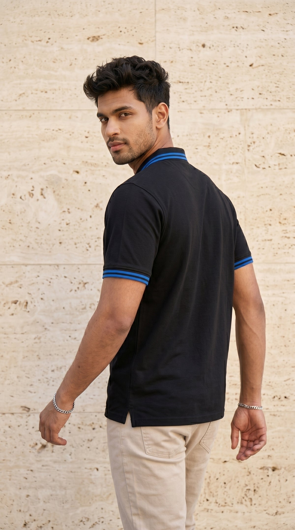 Black Polo Tee with Midnight Blue Stripe Detail-5