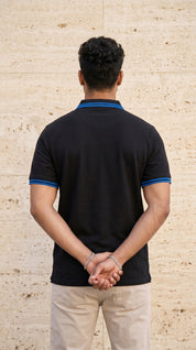 Black Polo Tee with Midnight Blue Stripe Detail