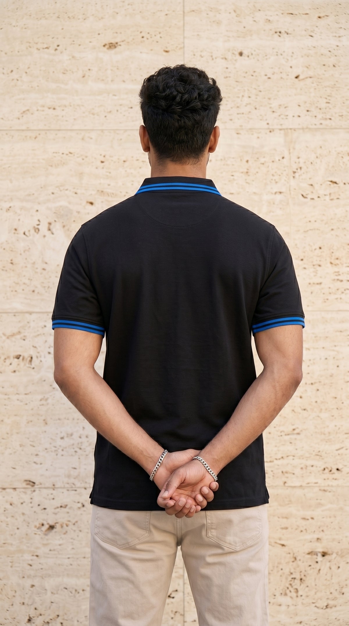 Black Polo Tee with Midnight Blue Stripe Detail-4