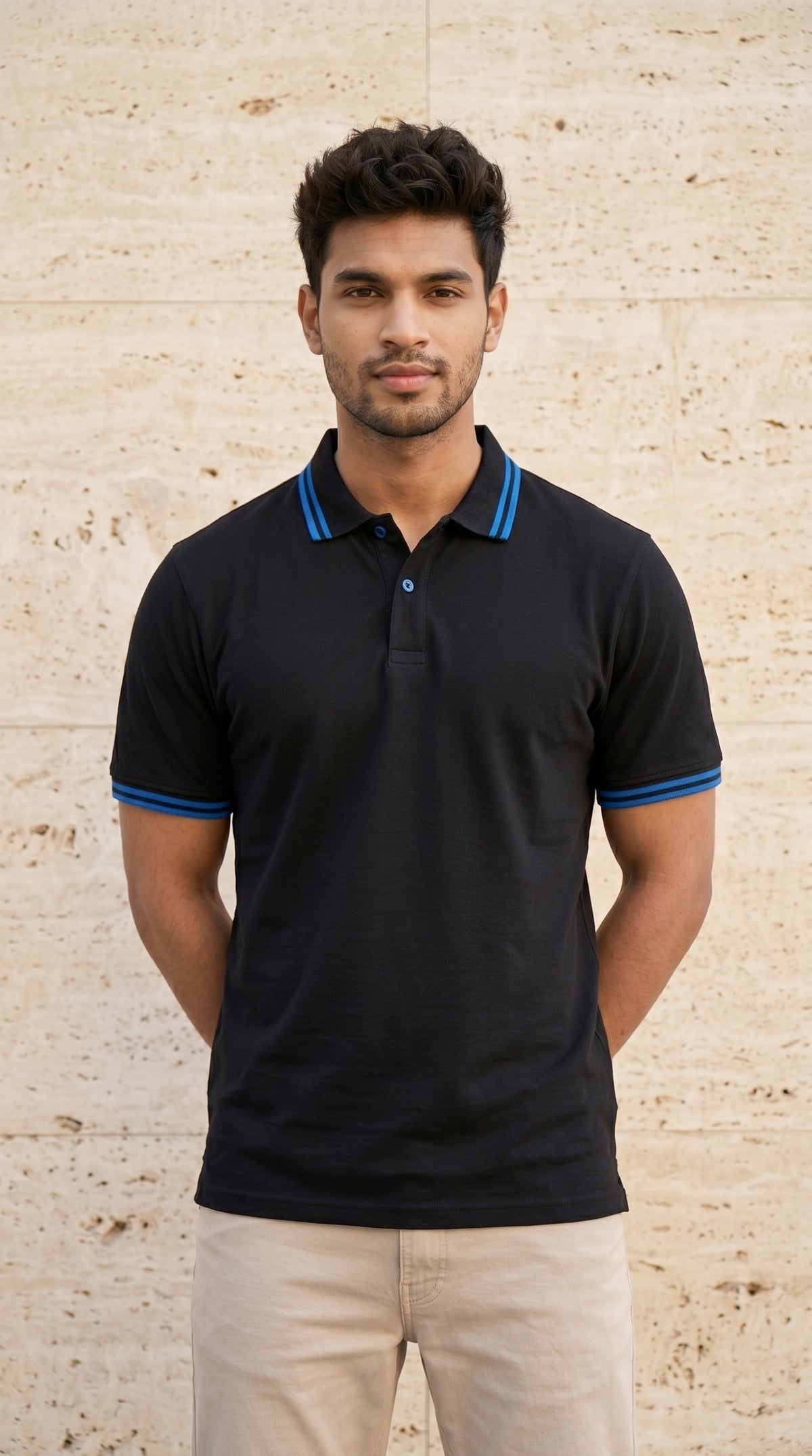 Black Polo Tee with Midnight Blue Stripe Detail-3