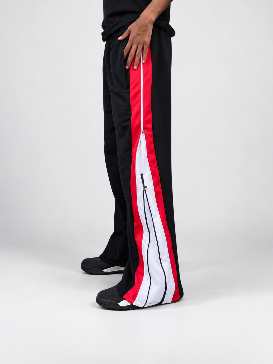 Crimson Split Zip Track Pants – Black with Red/White Panel-7