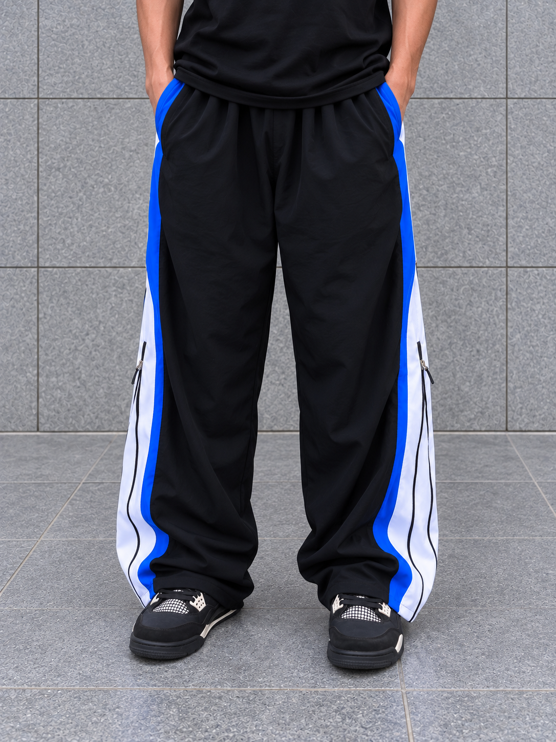 Velocity Blue Zip Panel Track Pants – Black with Blue/White Panel
