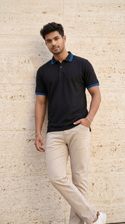 Black Polo Tee with Midnight Blue Stripe Detail
