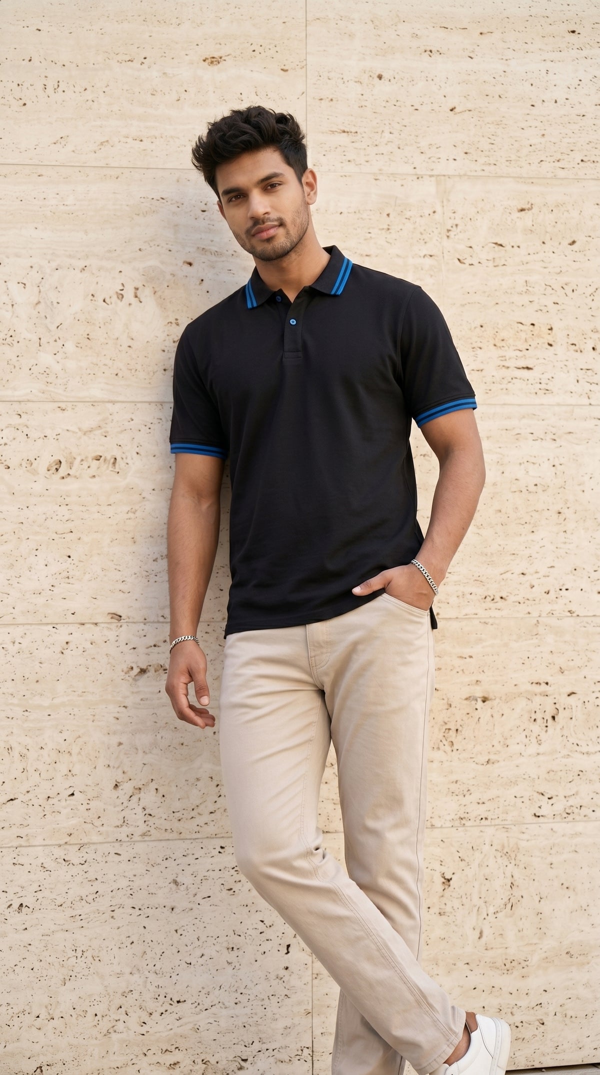 Black Polo Tee with Midnight Blue Stripe Detail
