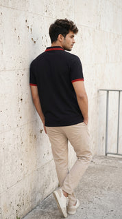 Black Polo Tee with Crimson Stripe Detail