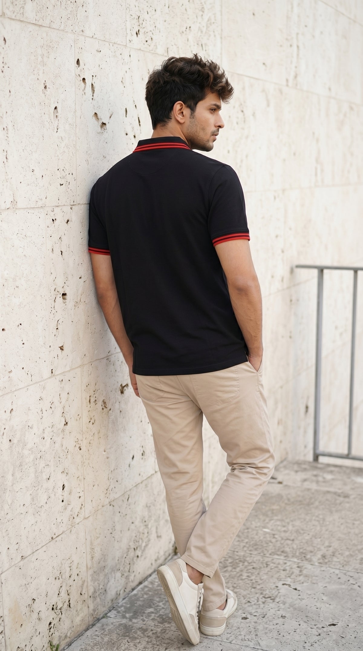 Black Polo Tee with Crimson Stripe Detail-8