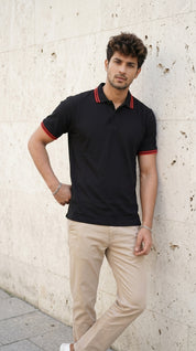 Black Polo Tee with Crimson Stripe Detail