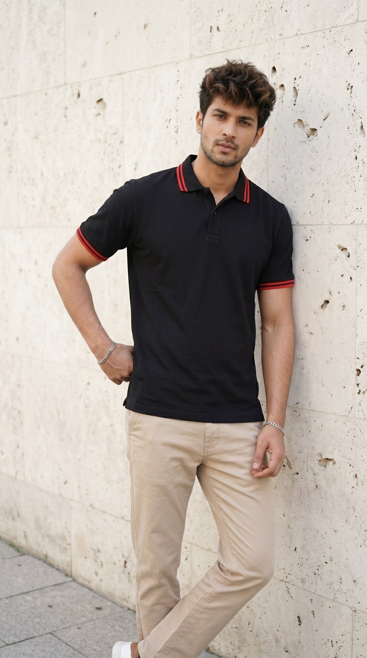 Black Polo Tee with Crimson Stripe Detail-7