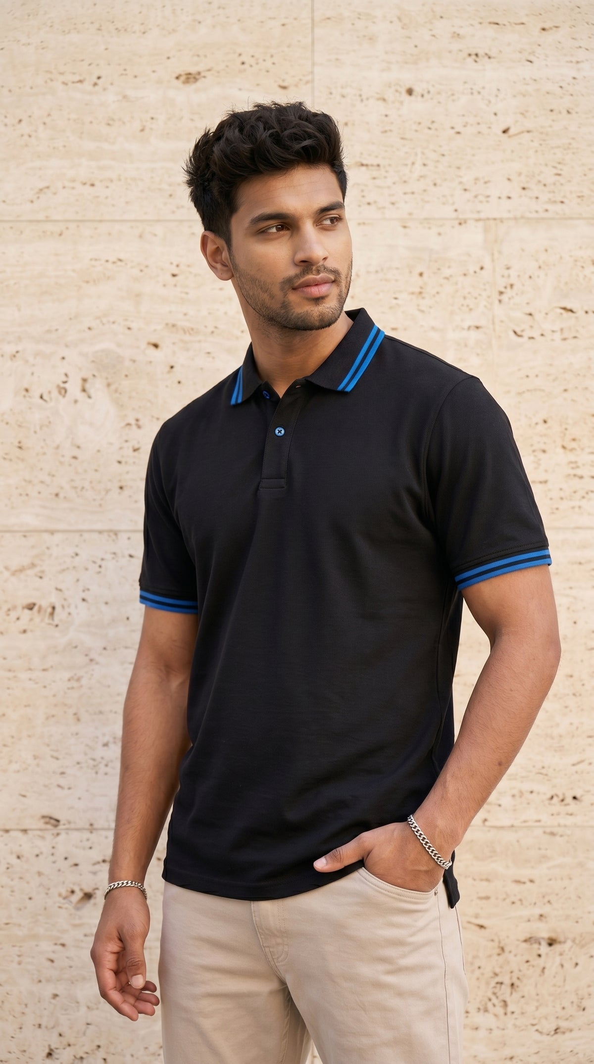 Black Polo Tee with Midnight Blue Stripe Detail-6