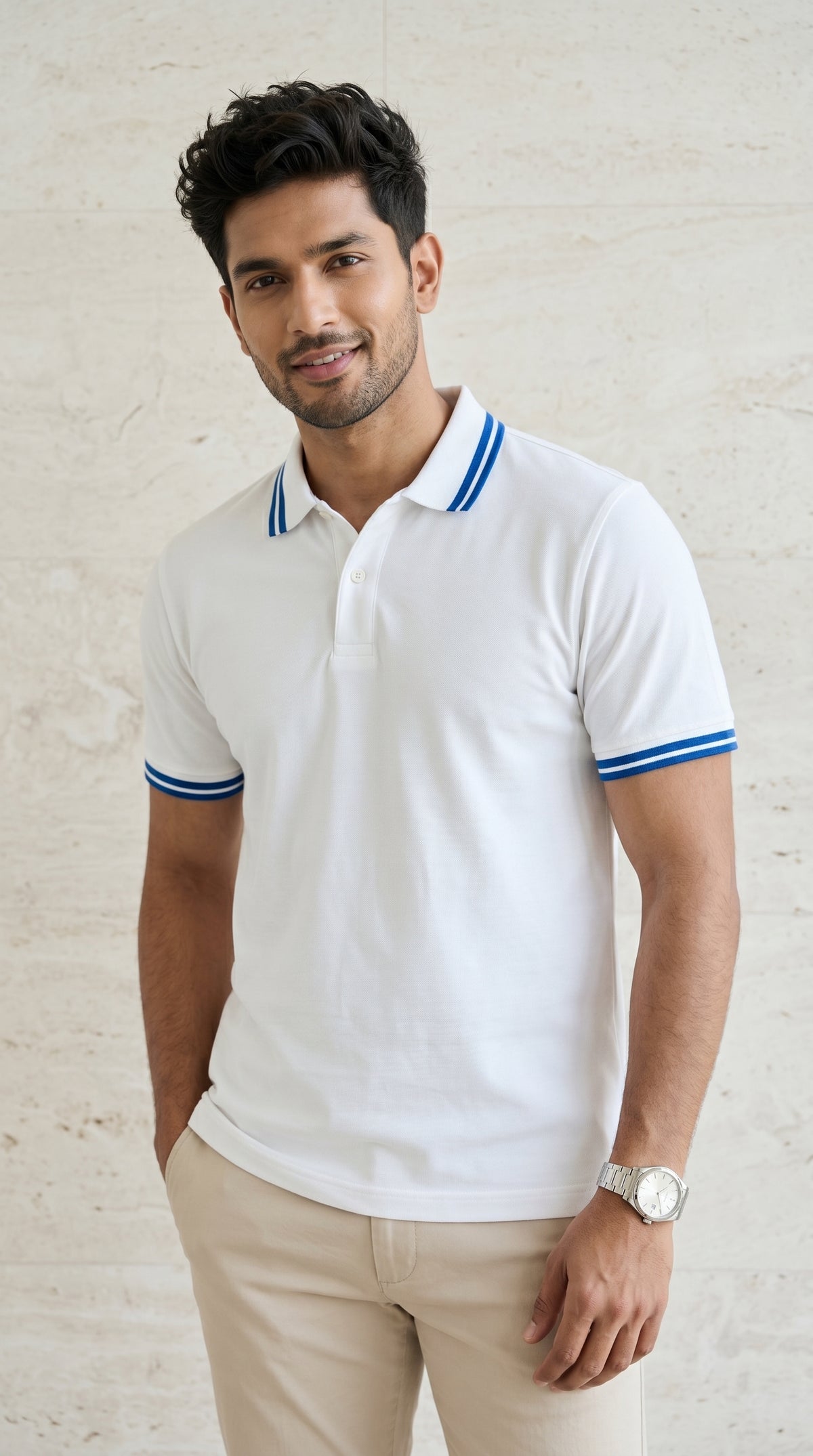White Polo Tee with Blue Stripe Detail-6