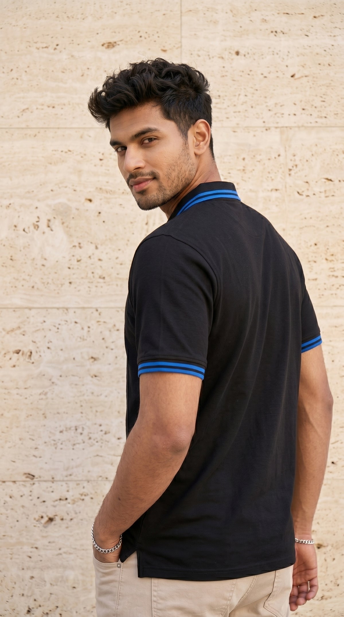 Black Polo Tee with Midnight Blue Stripe Detail-10