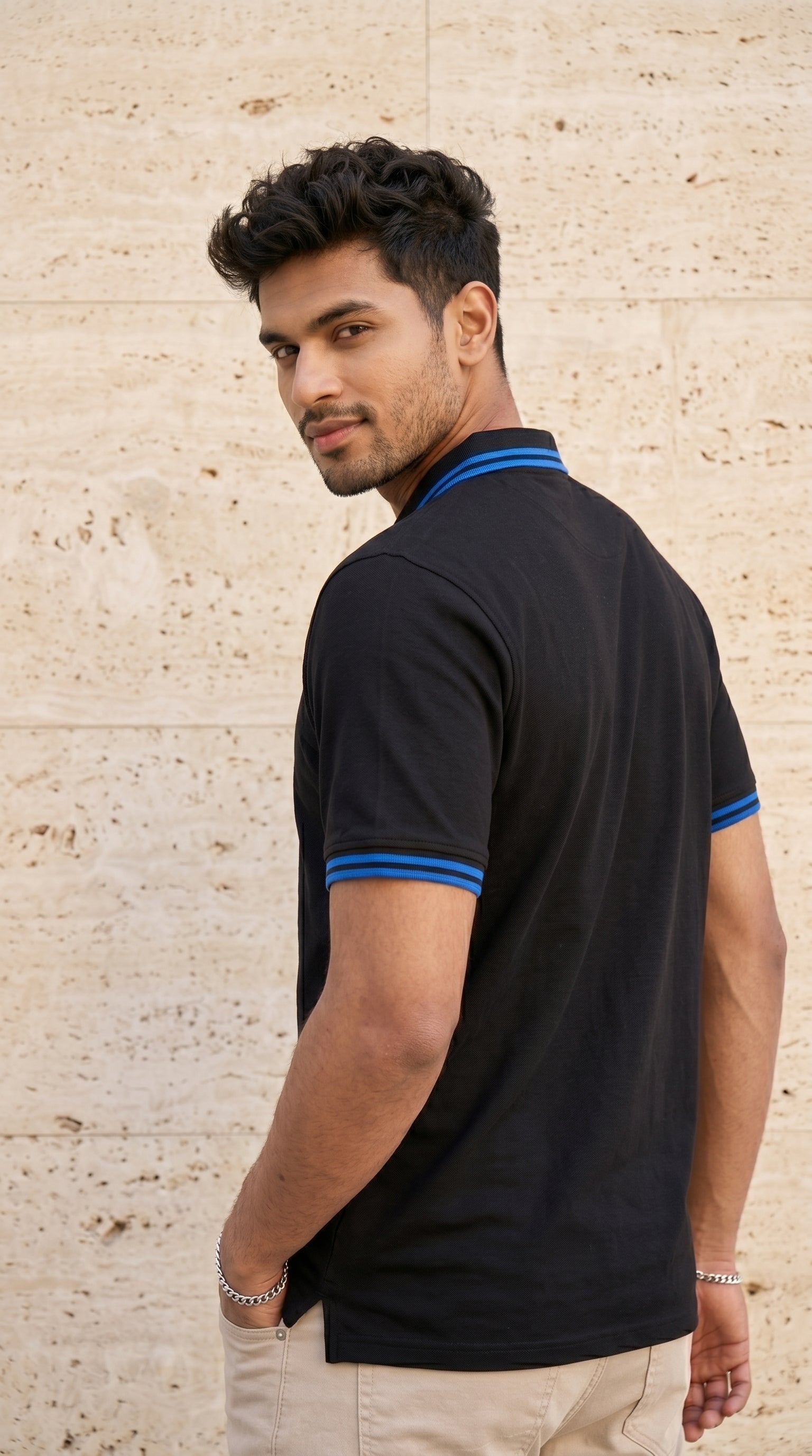 Black Polo Tee with Midnight Blue Stripe Detail