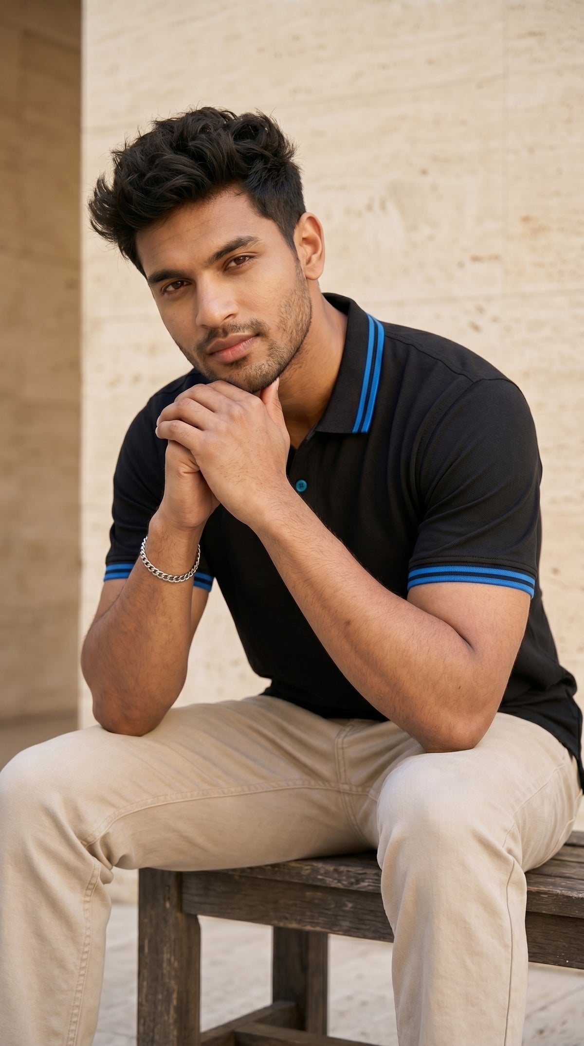 Black Polo Tee with Midnight Blue Stripe Detail-9