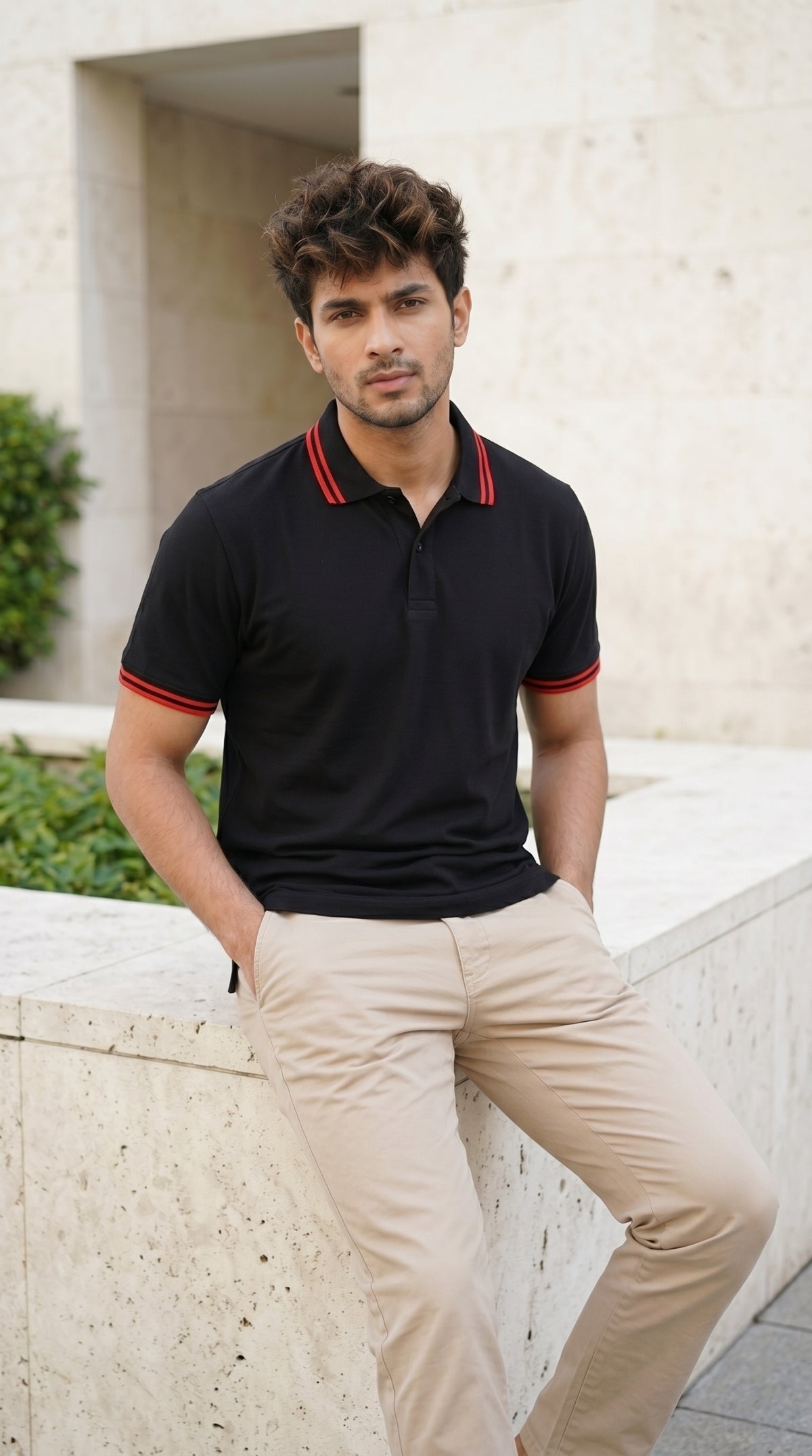 Black Polo Tee with Crimson Stripe Detail