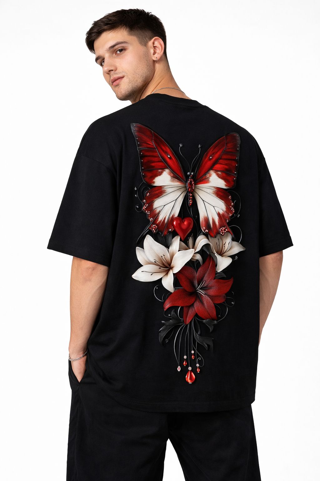 Crimson Butterfly Back Print Oversized T-Shirt