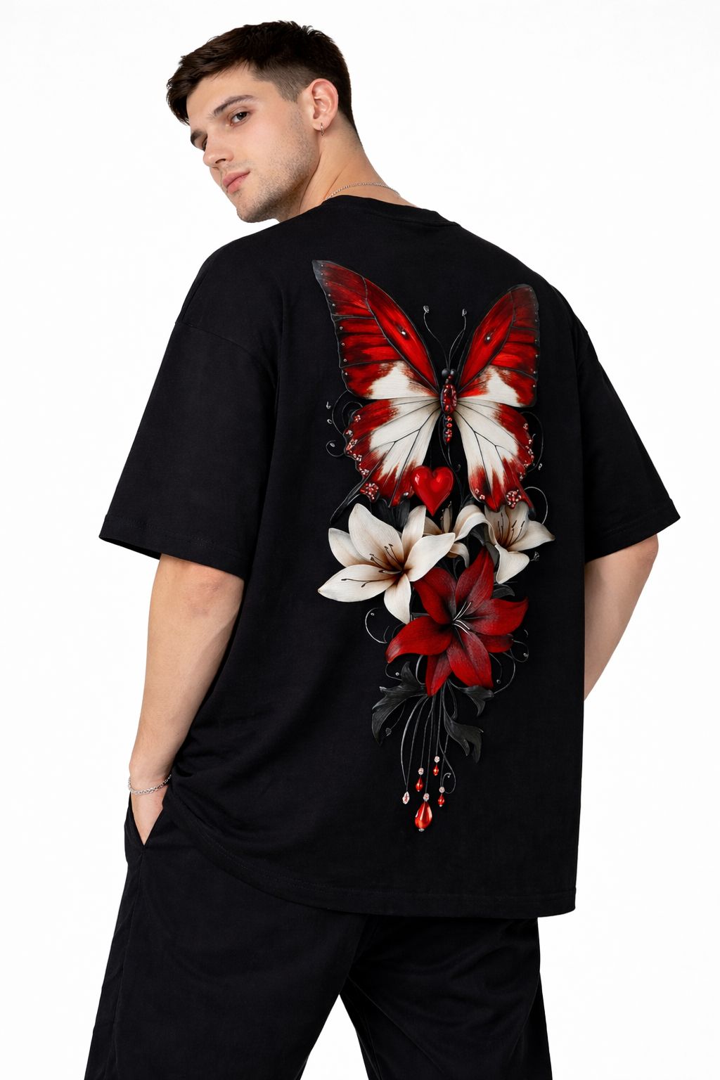 Crimson Butterfly Back Print Oversized T-Shirt