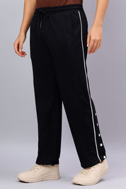 Black Snap Hem Track Pants with White Piping