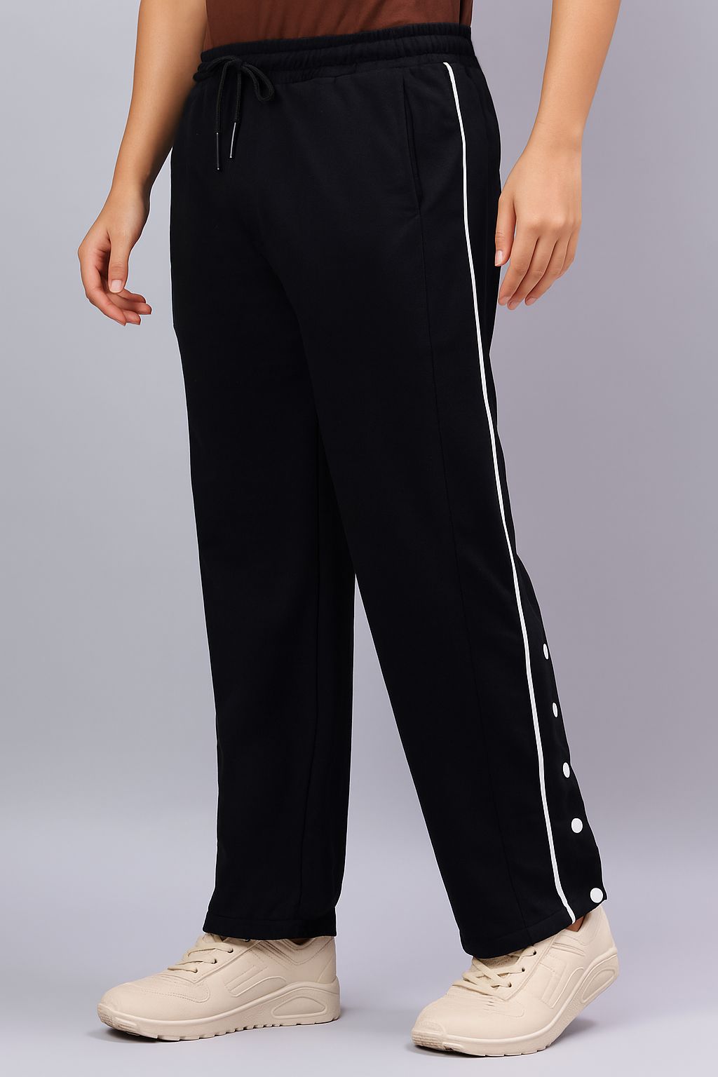 Black Snap Hem Track Pants with White Piping