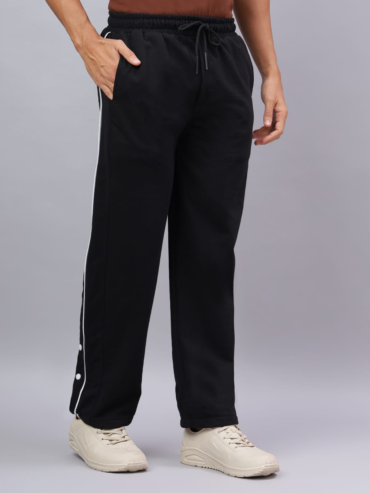 Black Snap Hem Track Pants with White Piping-3