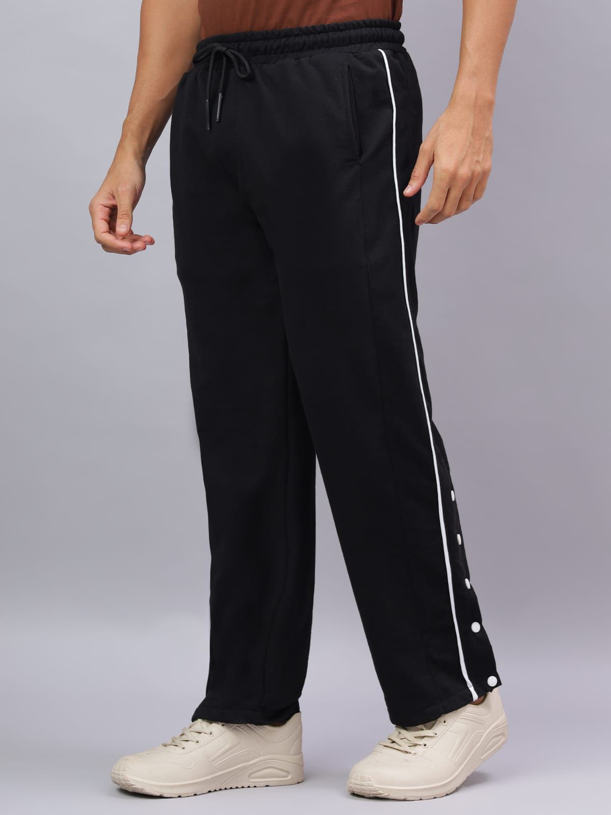 Black Snap Hem Track Pants with White Piping-4