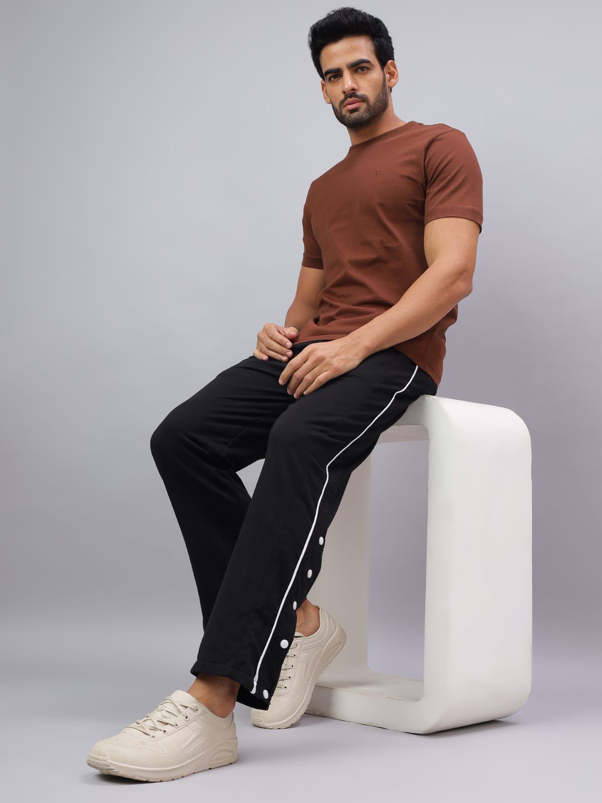 Black Snap Hem Track Pants with White Piping