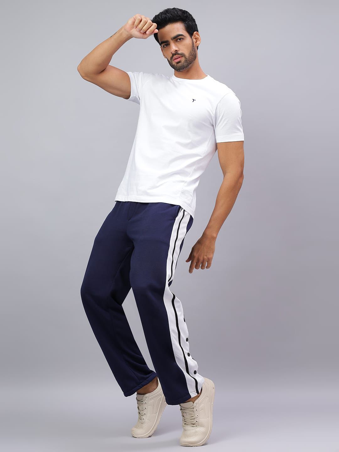 Navy Snap Hem Stripe Track Pants