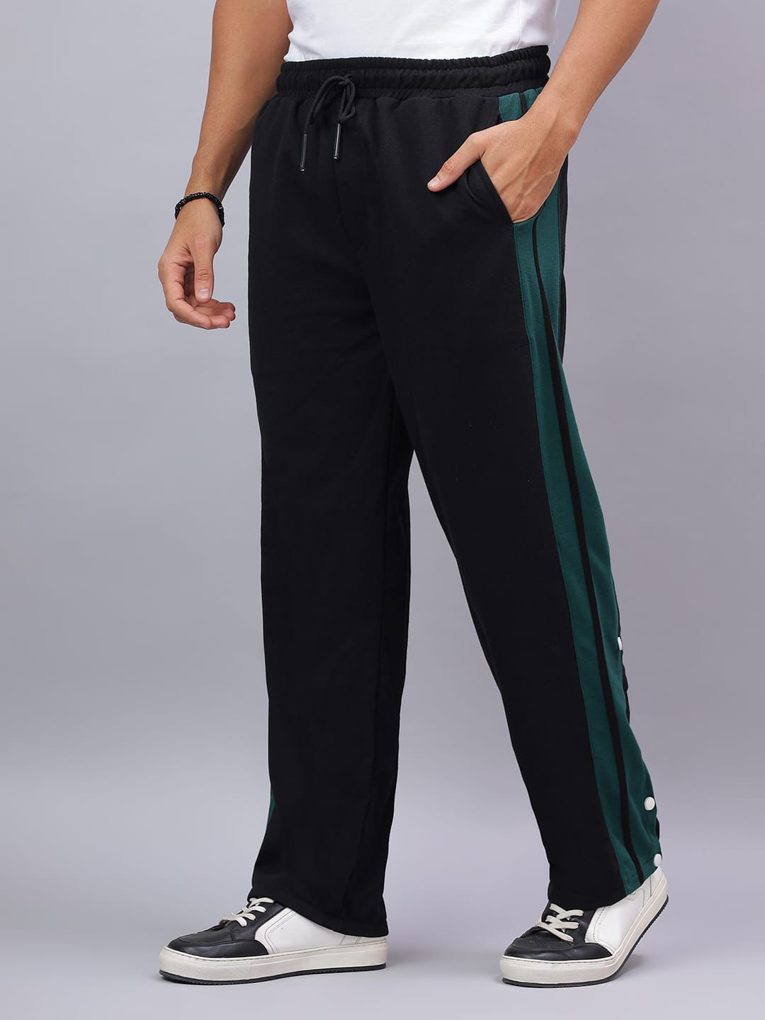 Black Snap Hem Stripe Track Pants-3