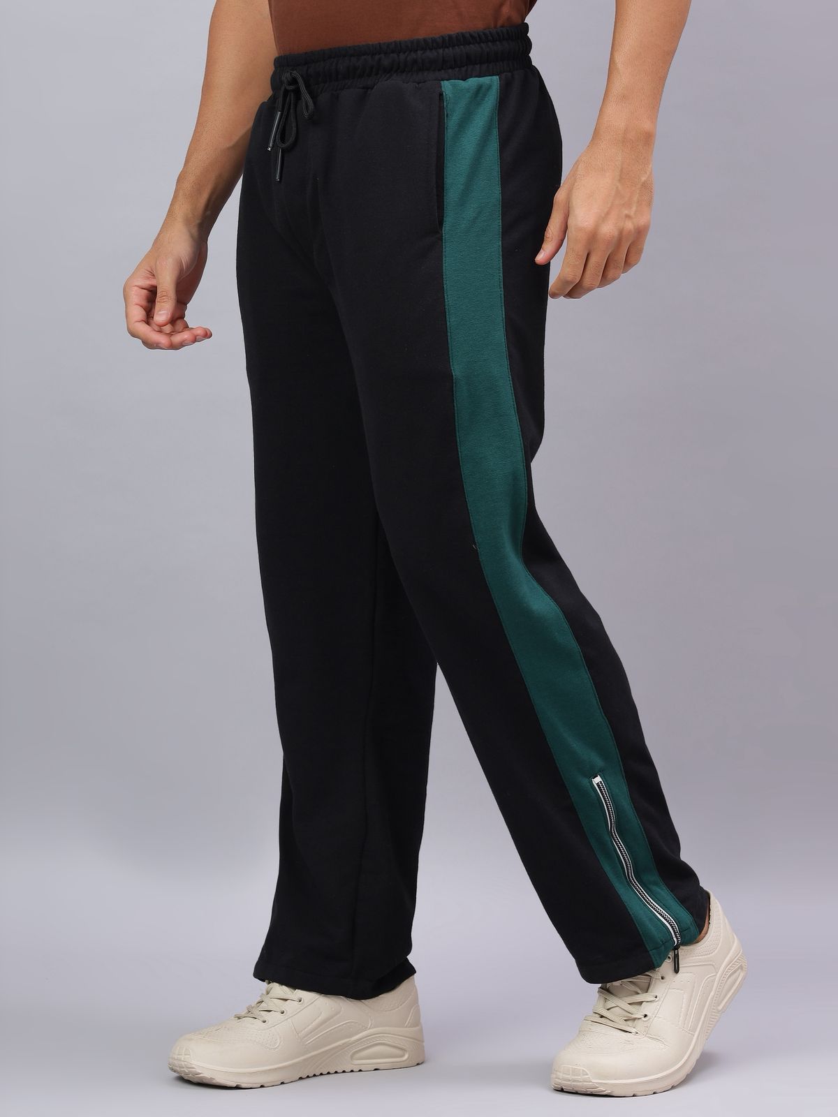 Black Zip Hem Stripe Track Pants-3