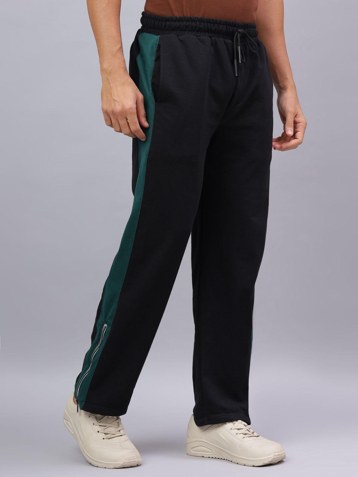 Black Zip Hem Stripe Track Pants-4