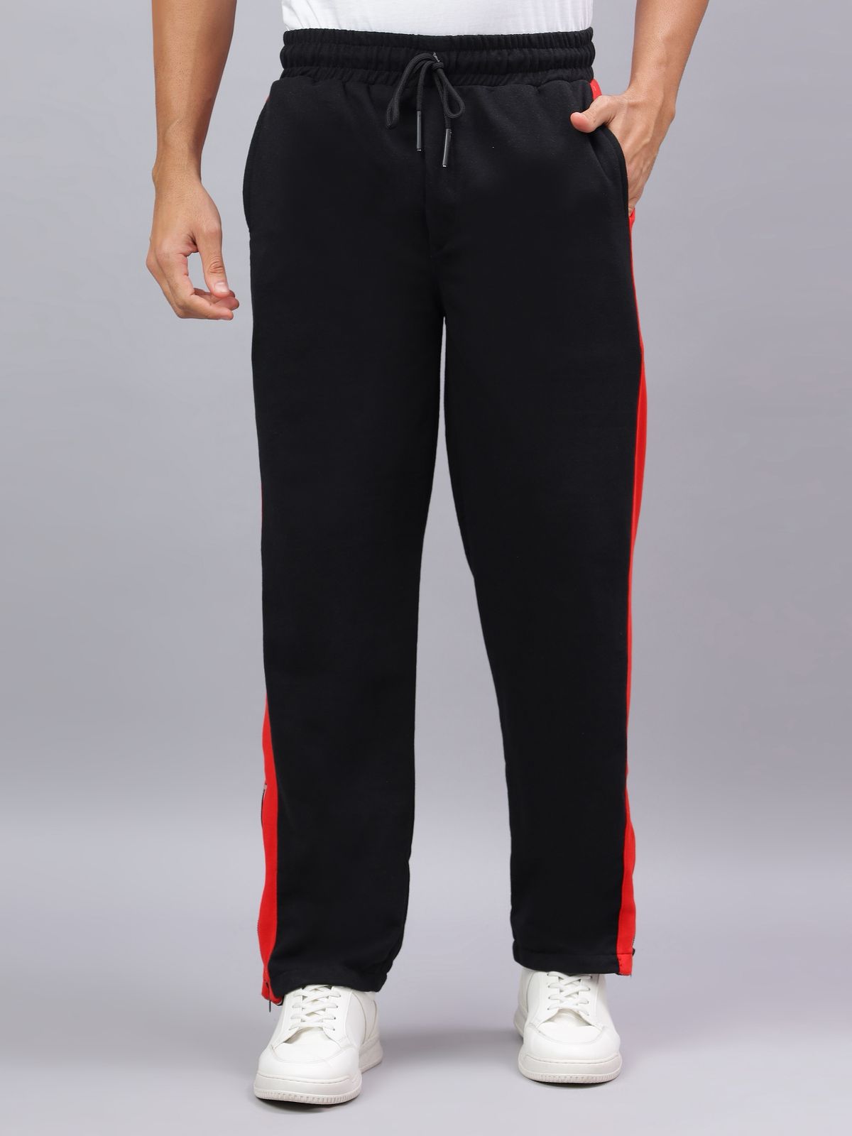 Black Zip Hem Stripe Track Pants-4