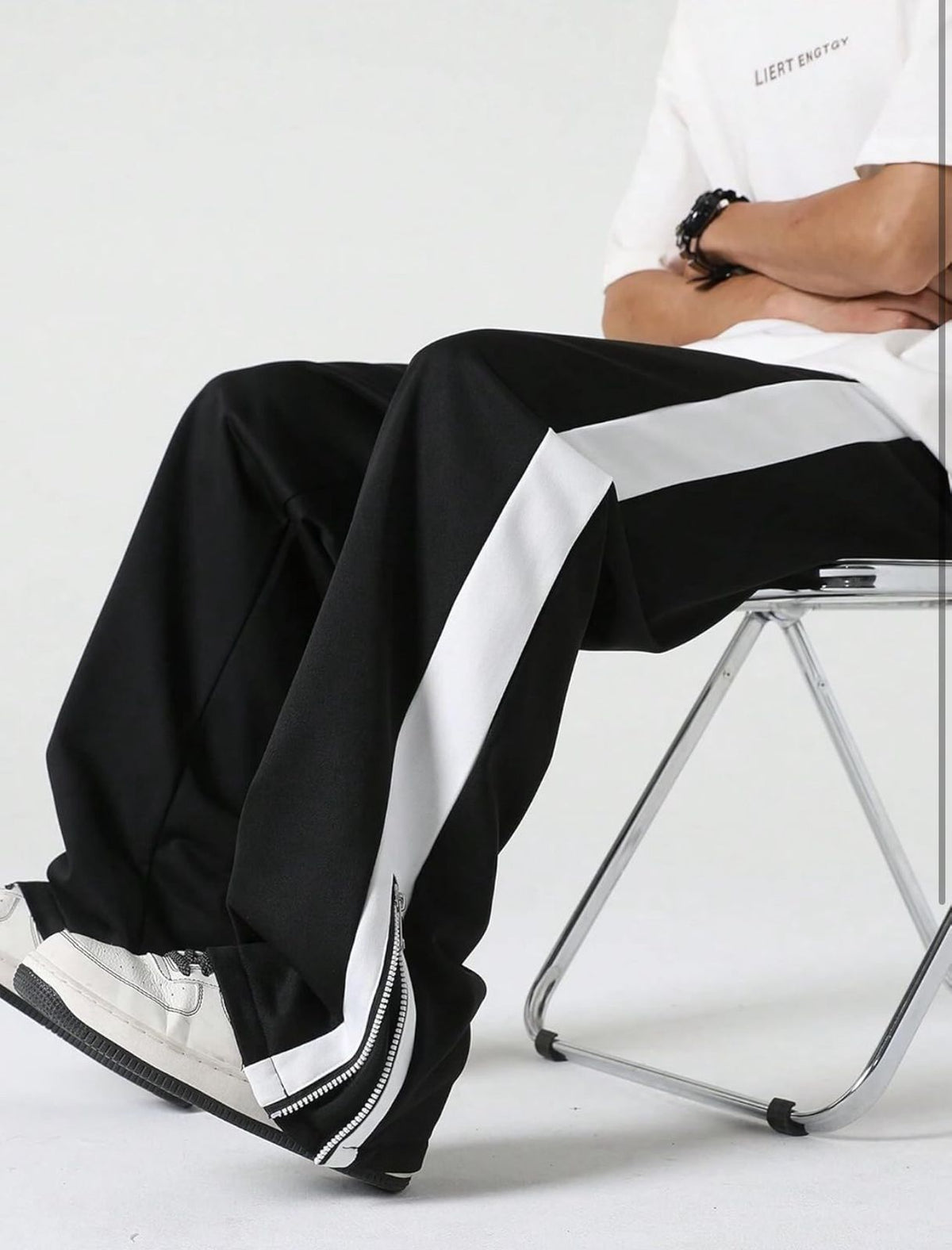 Black Zip Hem Stripe Track Pants-5
