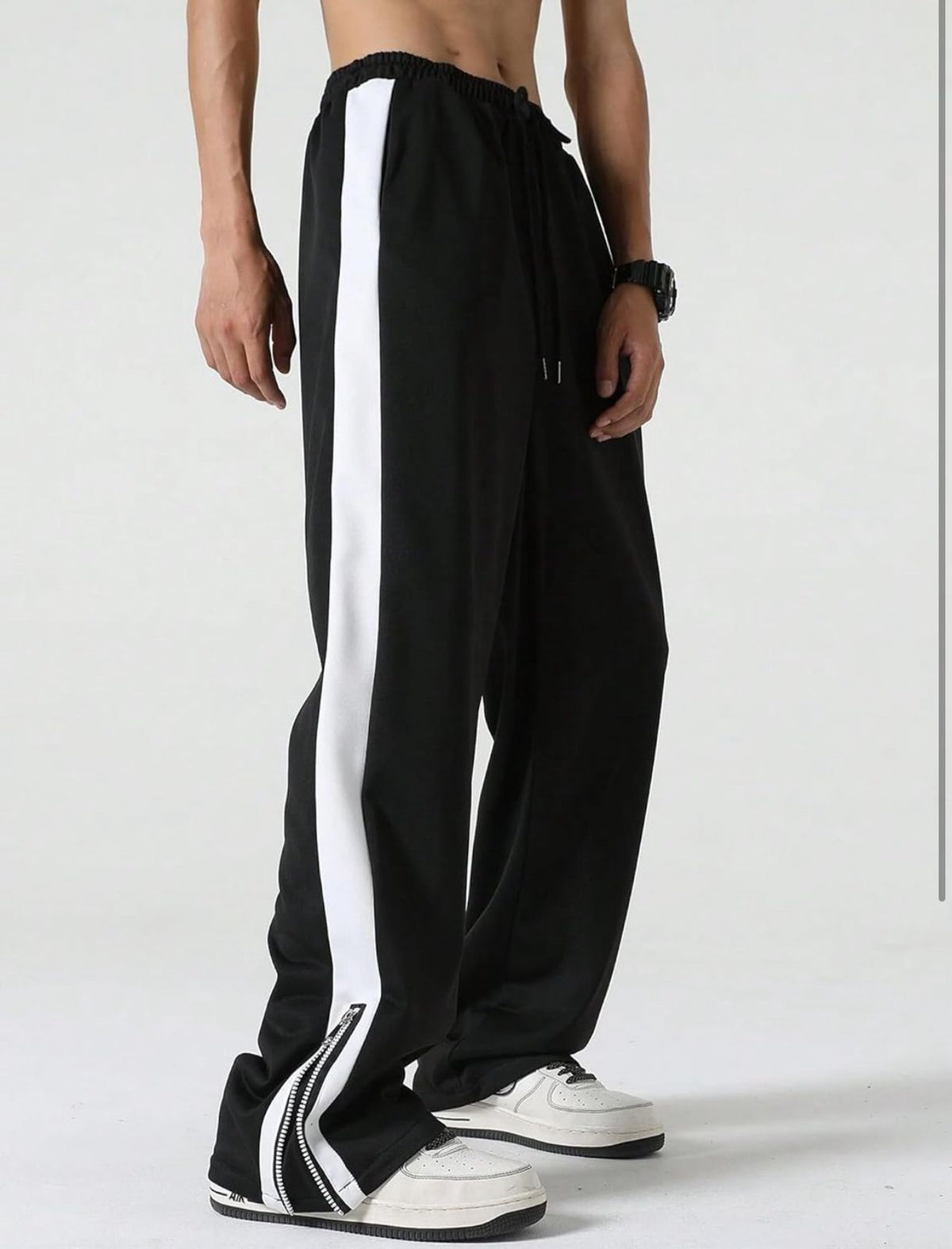 Black Zip Hem Stripe Track Pants-3