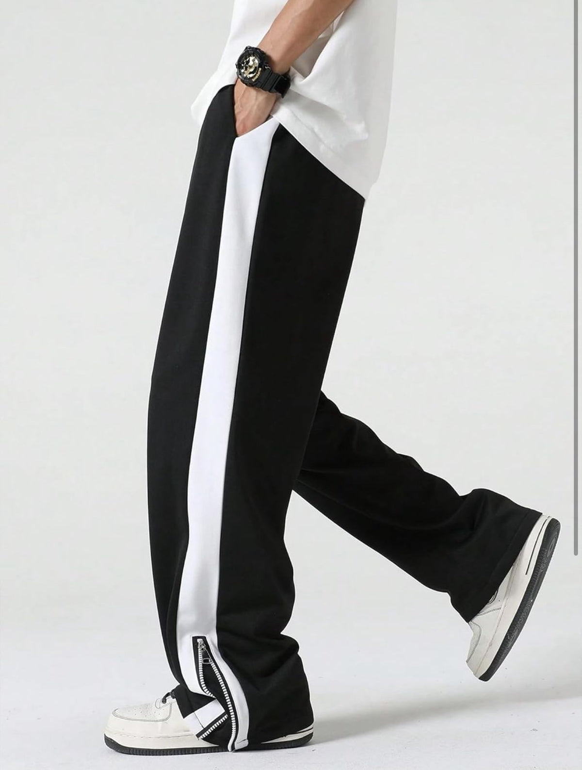 Black Zip Hem Stripe Track Pants-4