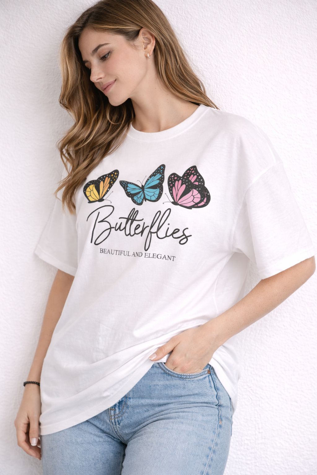 White Oversized T-Shirt with “Butterfly Muse” Graphic