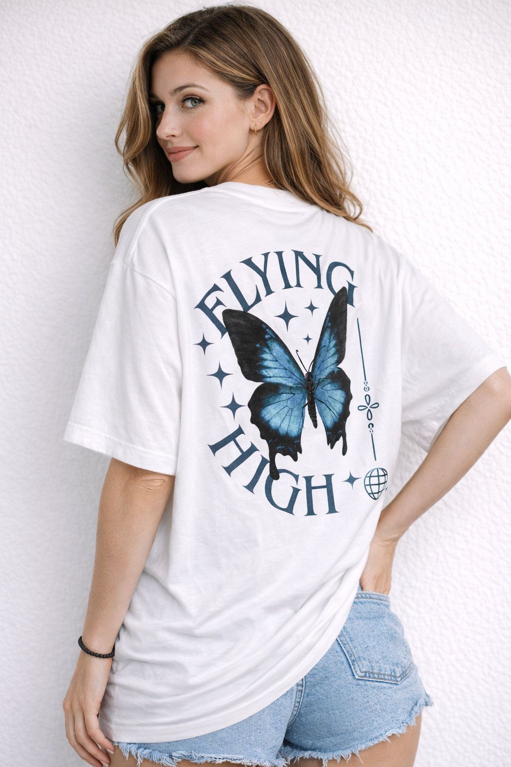 White Oversized T-Shirt with “Flying High” Butterfly Print