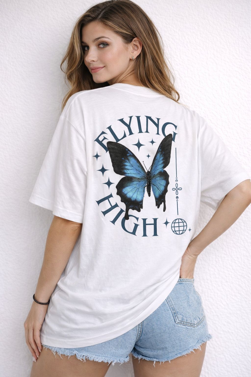 White Oversized T-Shirt with “Flying High” Butterfly Print