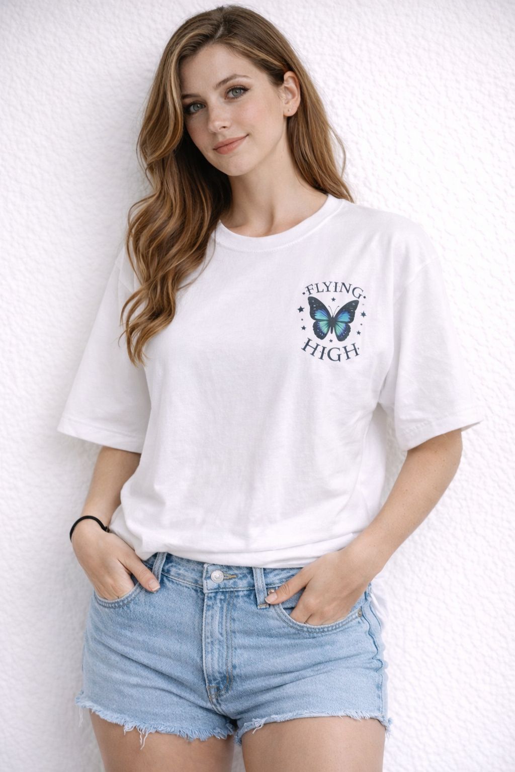 White Oversized T-Shirt with “Flying High” Butterfly Print-3