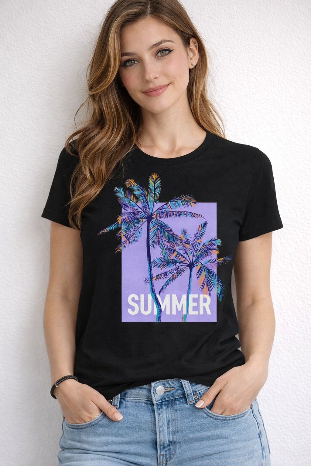 Black Regular Fit T-Shirt with “Summer Palm” Graphic