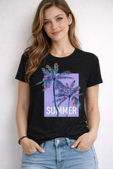 Black Regular Fit T-Shirt with “Summer Palm” Graphic
