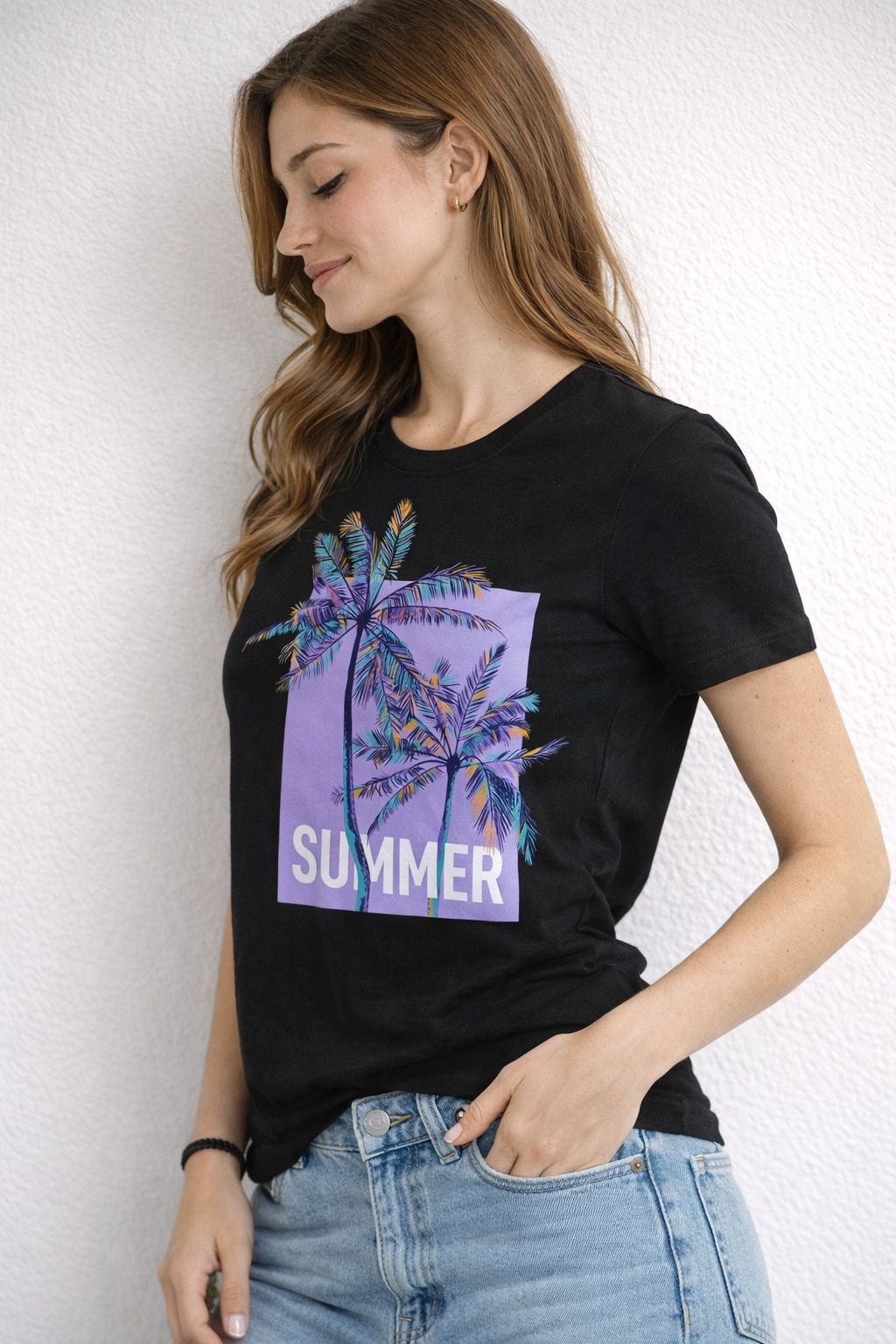 Black Regular Fit T-Shirt with “Summer Palm” Graphic