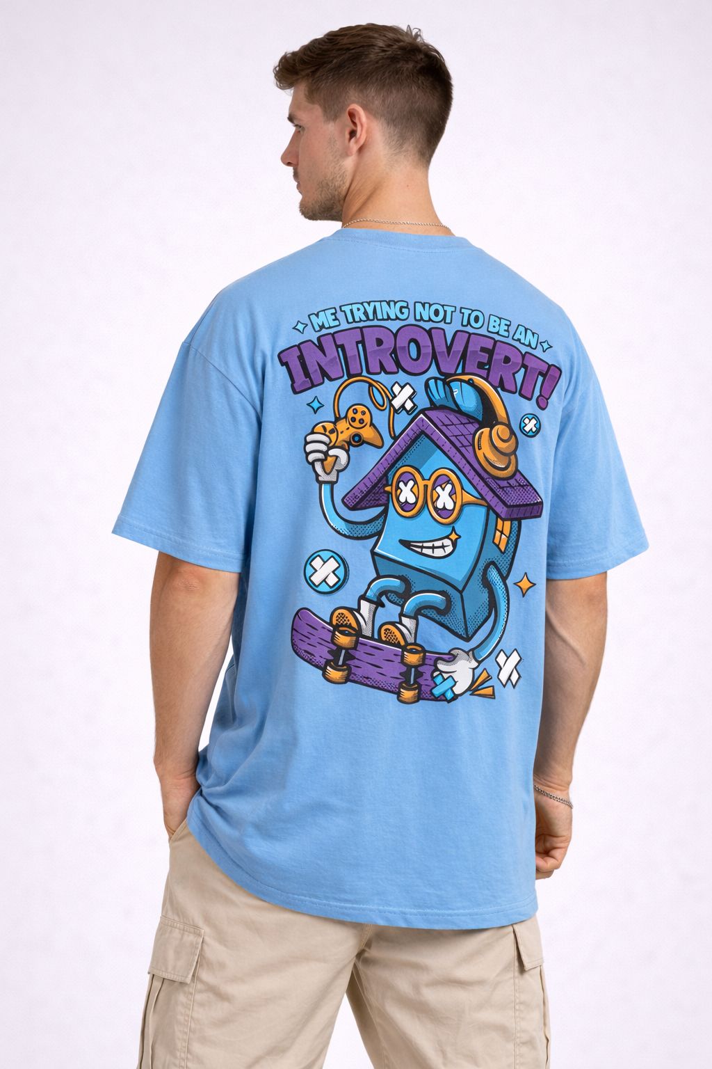 Sky Blue Oversized T-Shirt with “Introvert” Back Print