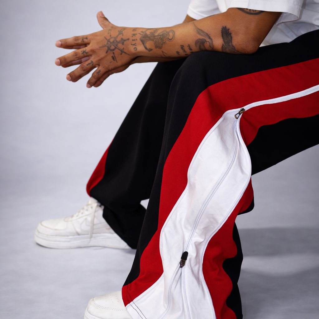 Crimson Split Zip Track Pants – Black with Red/White Panel