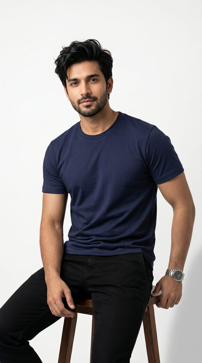 Solid Crew Neck T-Shirt – Regular Fit | Navy Blue